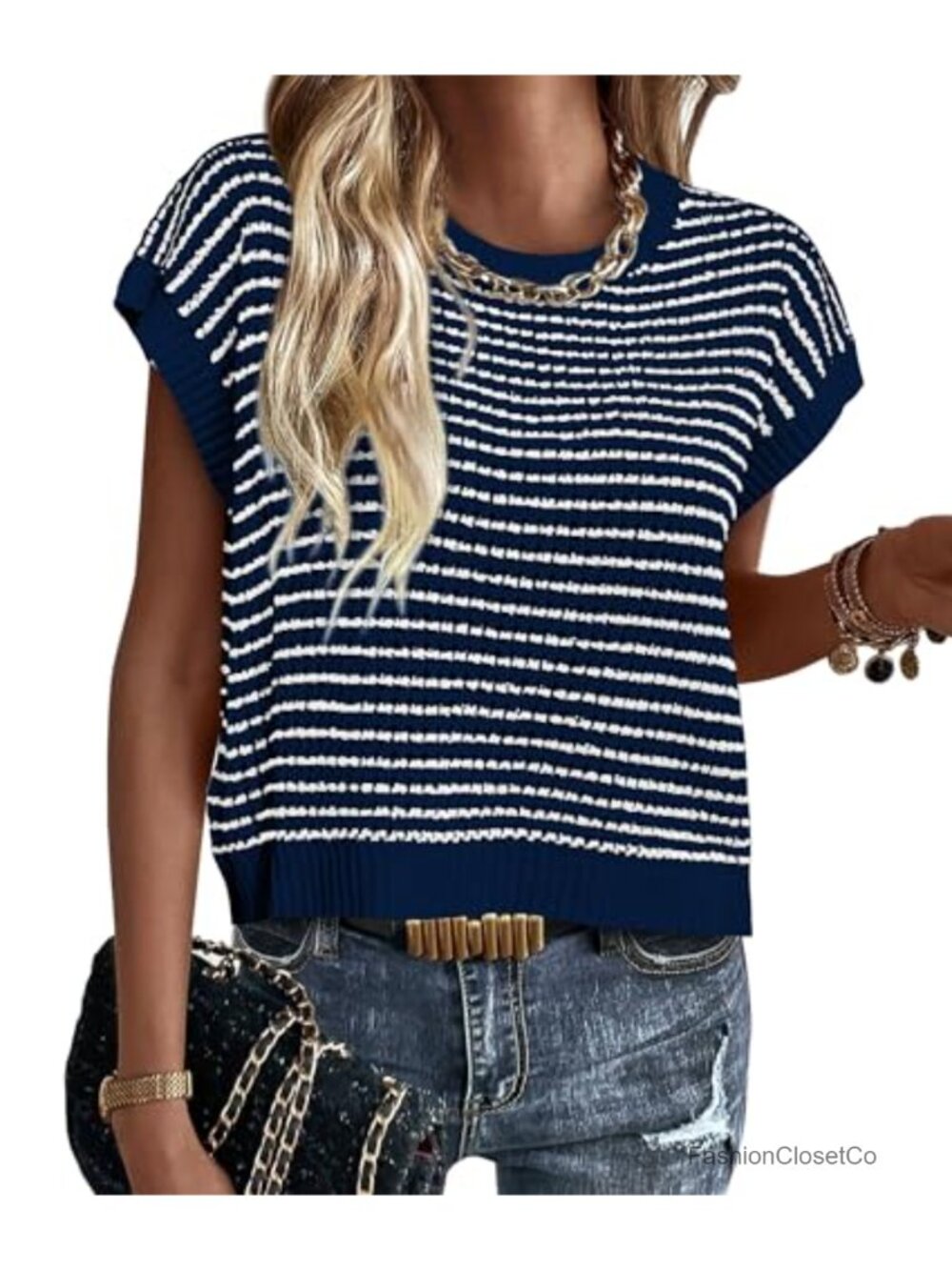 Striped Short Sleeve Knit Sweater Vest Cap Sleeve Layering Top